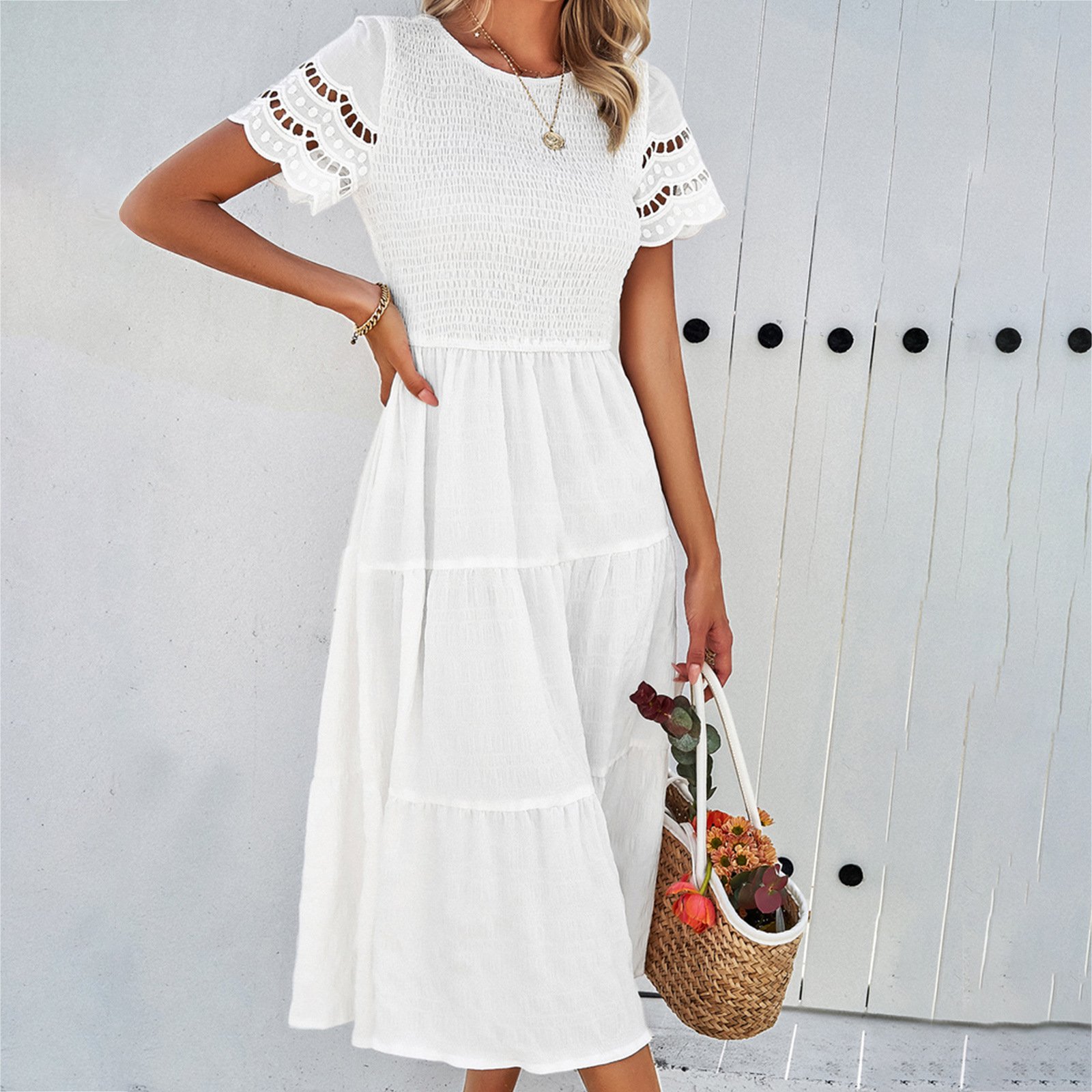 Casual Midi Dress Short Sleeve Puff Sleeve Long Flowy a Line Dresses D802 Women's Summer Natural Trade Assurance Simple Adults