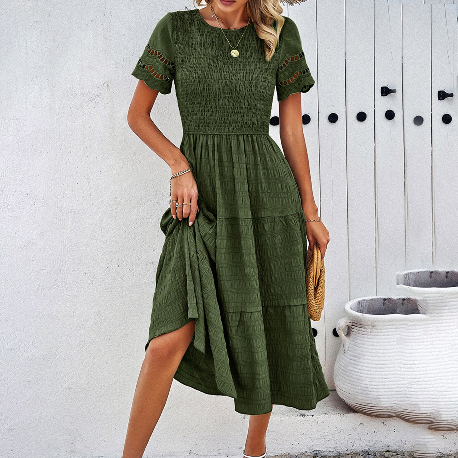 Casual Midi Dress Short Sleeve Puff Sleeve Long Flowy a Line Dresses D802 Women's Summer Natural Trade Assurance Simple Adults