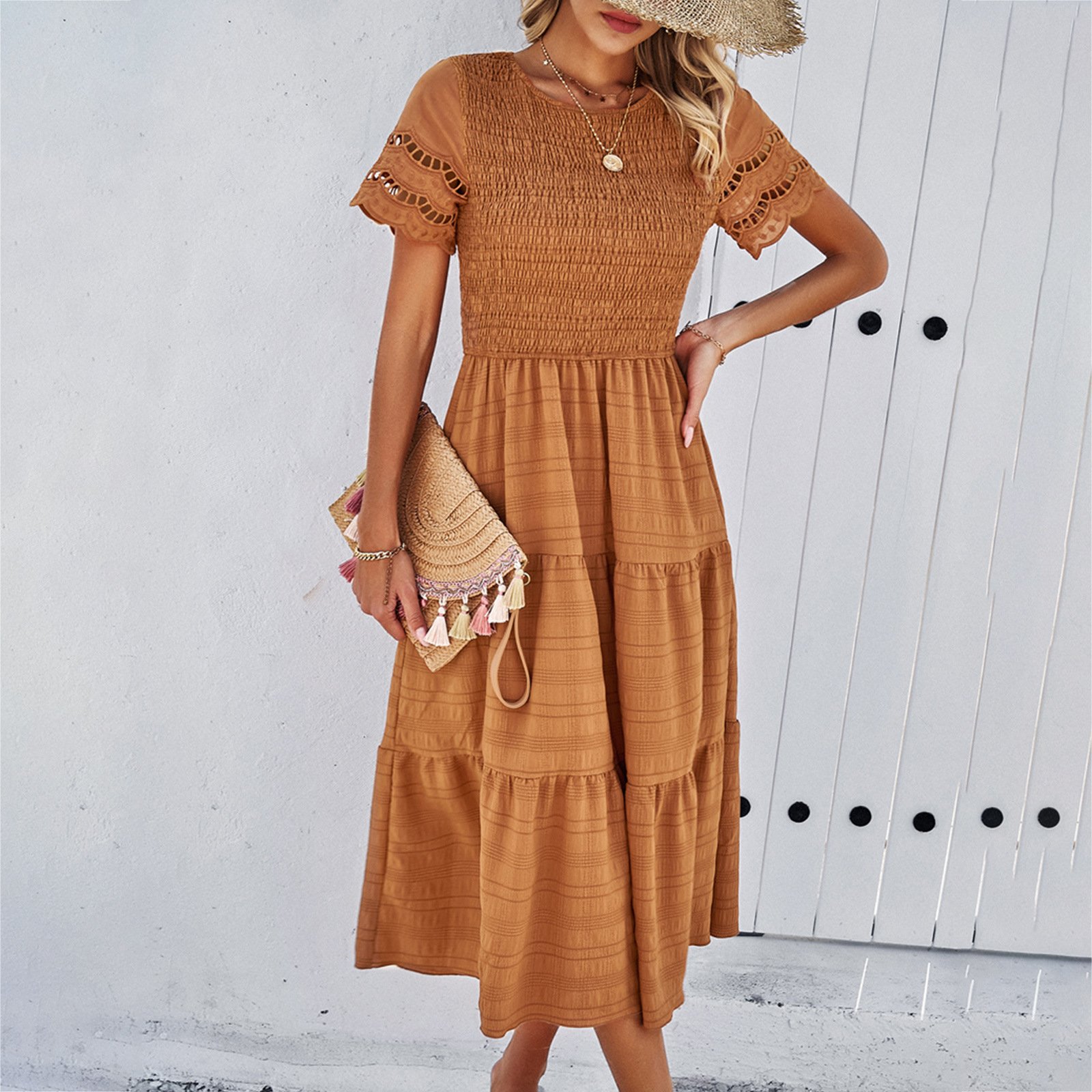 Casual Midi Dress Short Sleeve Puff Sleeve Long Flowy a Line Dresses D802 Women's Summer Natural Trade Assurance Simple Adults