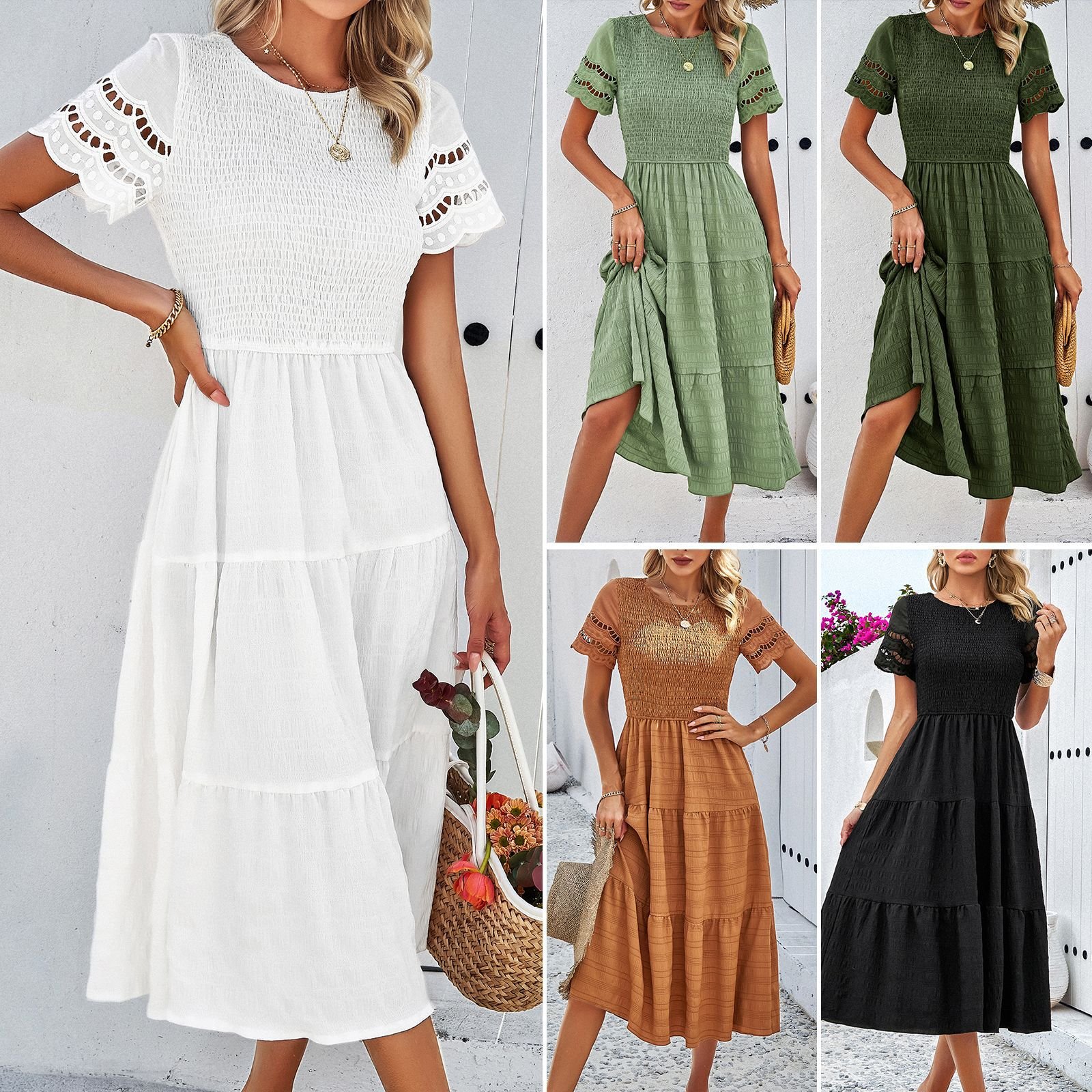 Casual Midi Dress Short Sleeve Puff Sleeve Long Flowy a Line Dresses D802 Women's Summer Natural Trade Assurance Simple Adults