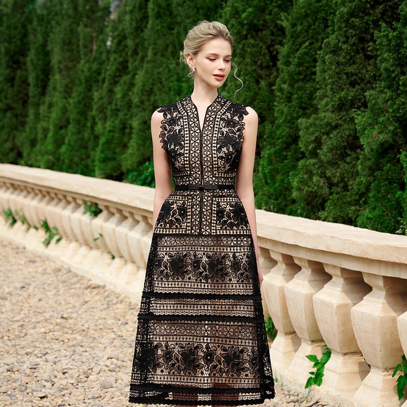 High Quality Embroidery Sleeveless Silk Midi White Casual Dresses Elegant Lace Dress Women
