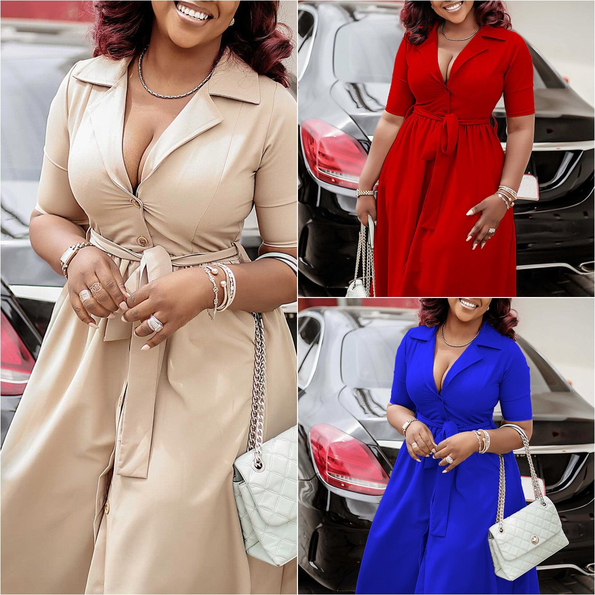 D506 High Quality Summer African Dress For Women Suit Collar Short Sleeve Solid Color A-line Elegant Casual Dresses