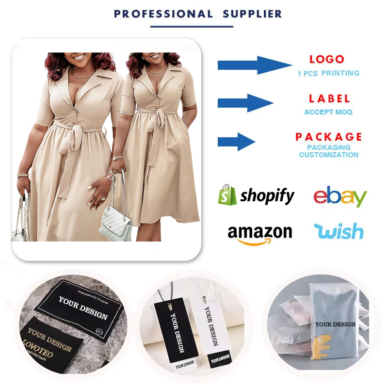 D506 High Quality Summer African Dress For Women Suit Collar Short Sleeve Solid Color A-line Elegant Casual Dresses