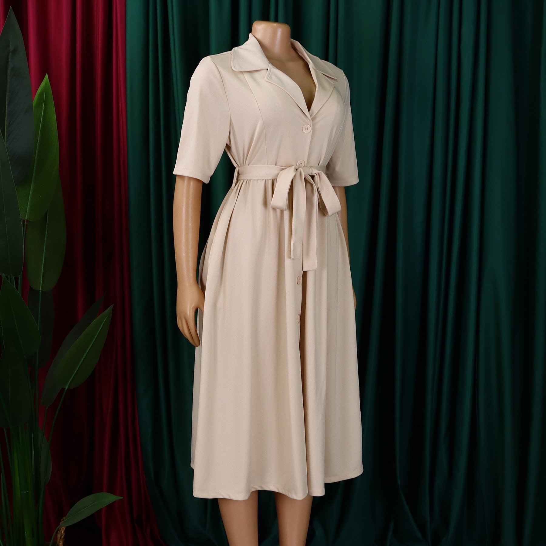 D506 High Quality Summer African Dress For Women Suit Collar Short Sleeve Solid Color A-line Elegant Casual Dresses