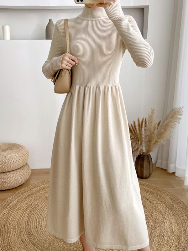 Fashion Women 2023 Autumn Winter New Korean Version Elegant Style Half High Neck Long Sleeve Long Bottom Knit Sweater Dress