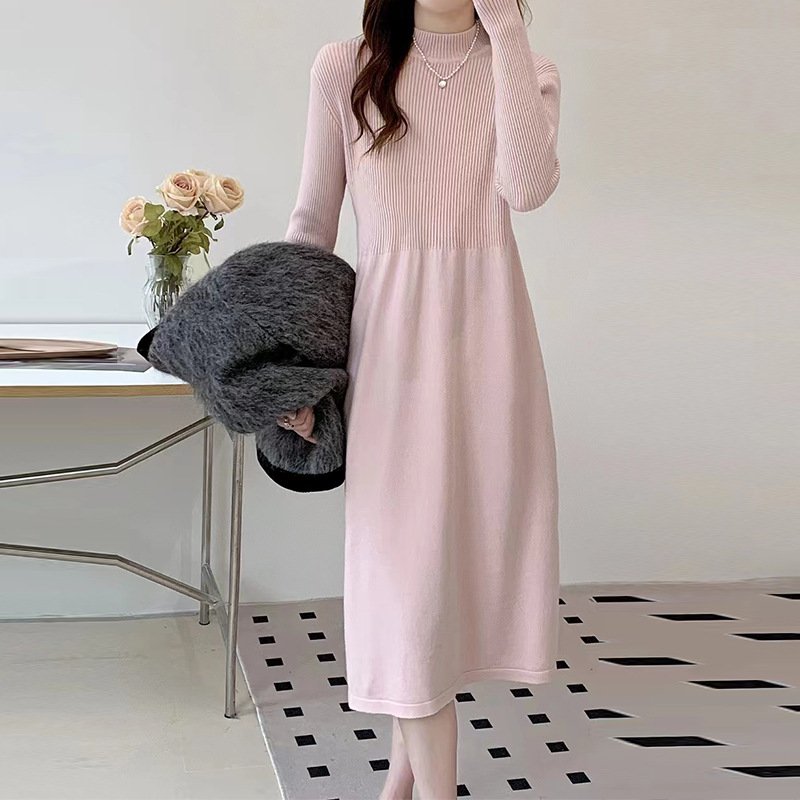 Fashion Women 2023 Autumn Winter New Korean Version Elegant Style Half High Neck Long Sleeve Long Bottom Knit Sweater Dress