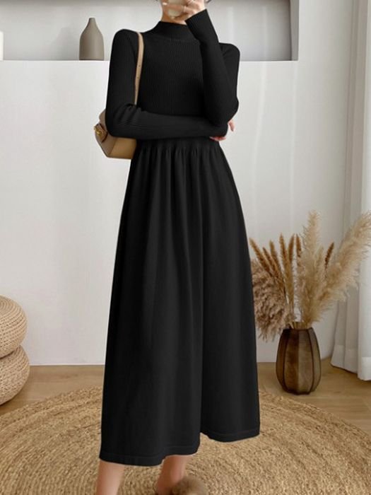 Fashion Women 2023 Autumn Winter New Korean Version Elegant Style Half High Neck Long Sleeve Long Bottom Knit Sweater Dress