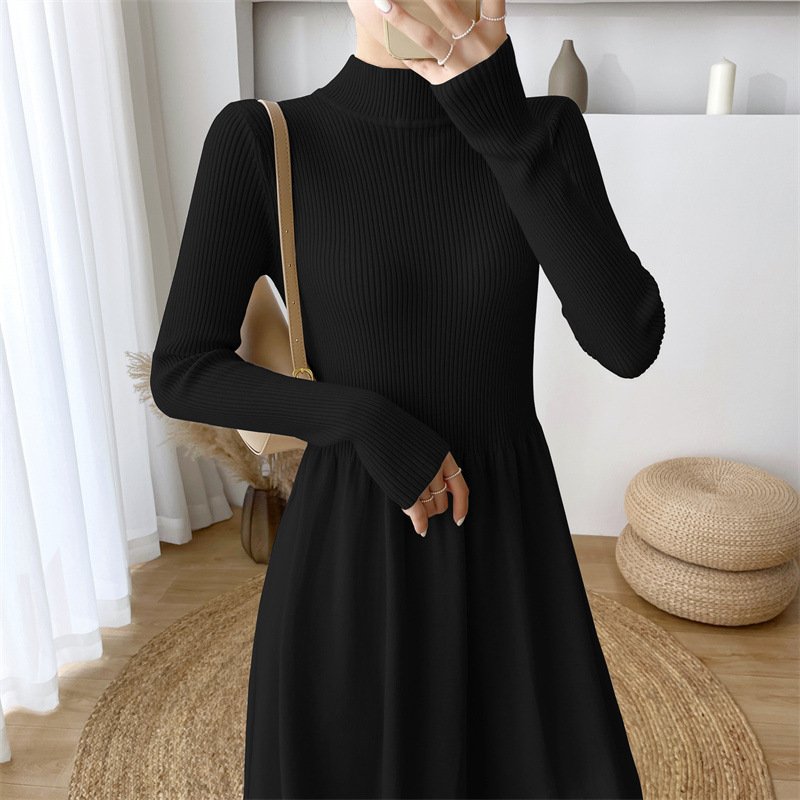 Fashion Women 2023 Autumn Winter New Korean Version Elegant Style Half High Neck Long Sleeve Long Bottom Knit Sweater Dress