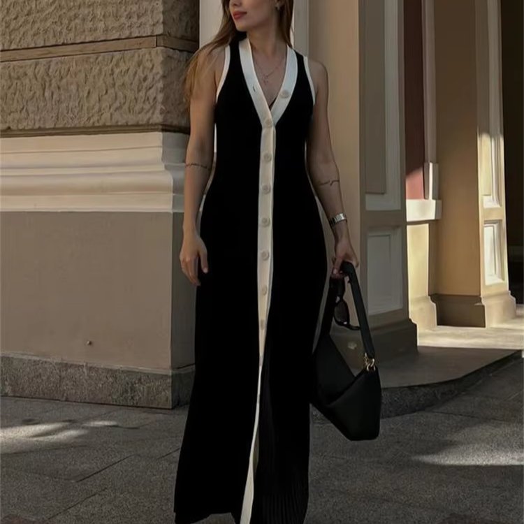 Oem/odm Button Minimalist Clashing Colours Women's Knitted Vest Dress Sleeveless Casual Dresses