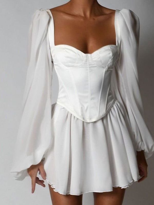 New cross-border women's lantern sleeves OL temperament Slim sexy chiffon pure white dresses
