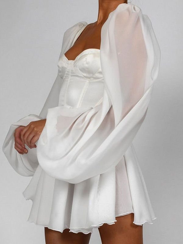 New cross-border women's lantern sleeves OL temperament Slim sexy chiffon pure white dresses