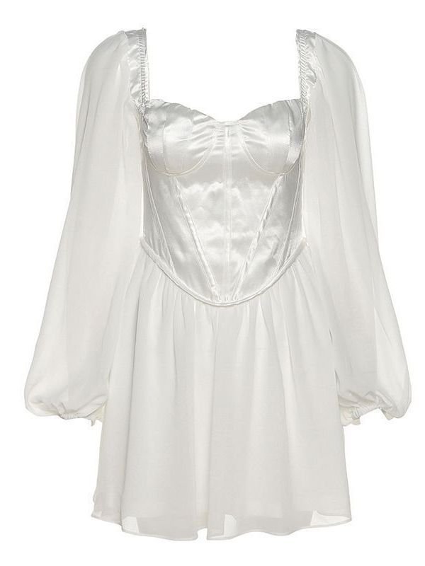 New cross-border women's lantern sleeves OL temperament Slim sexy chiffon pure white dresses