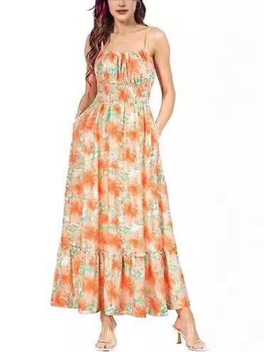 New Maxi Cami-Dress Straps Bodice Smocked Waist Cute Floral Boho Beach Party Women Elegant Summer Casual Dresses
