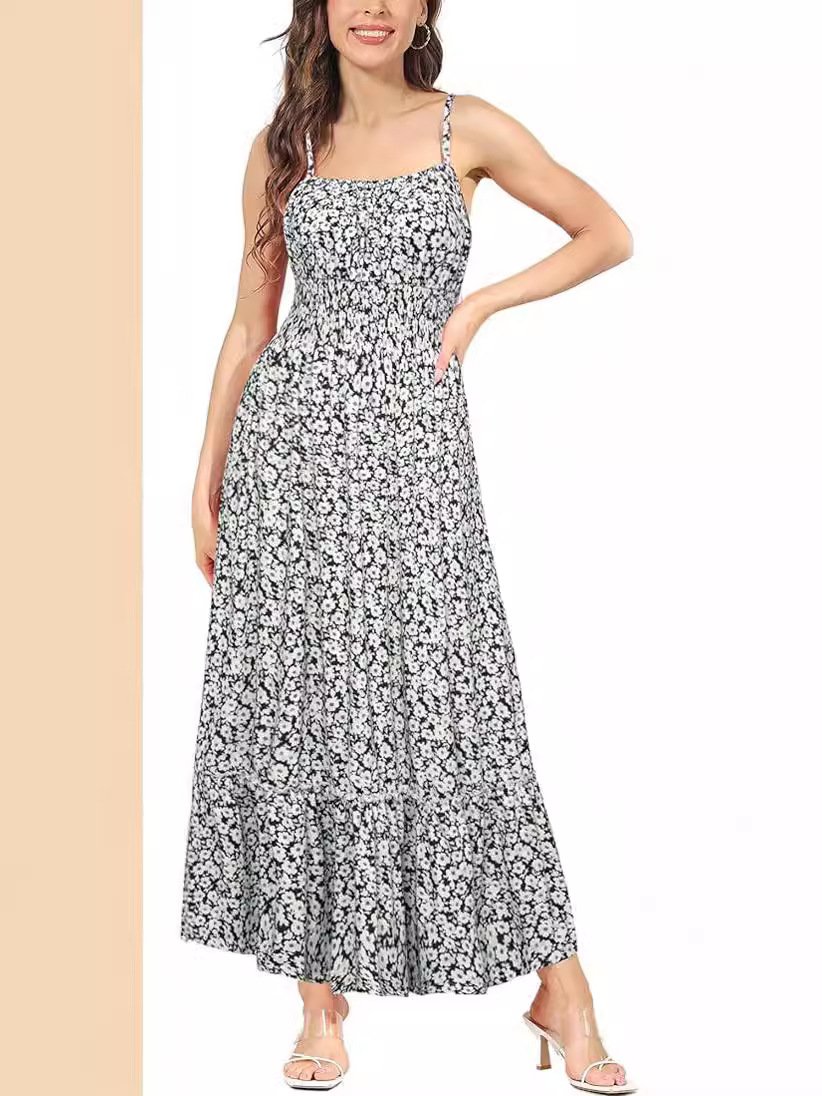 New Maxi Cami-Dress Straps Bodice Smocked Waist Cute Floral Boho Beach Party Women Elegant Summer Casual Dresses
