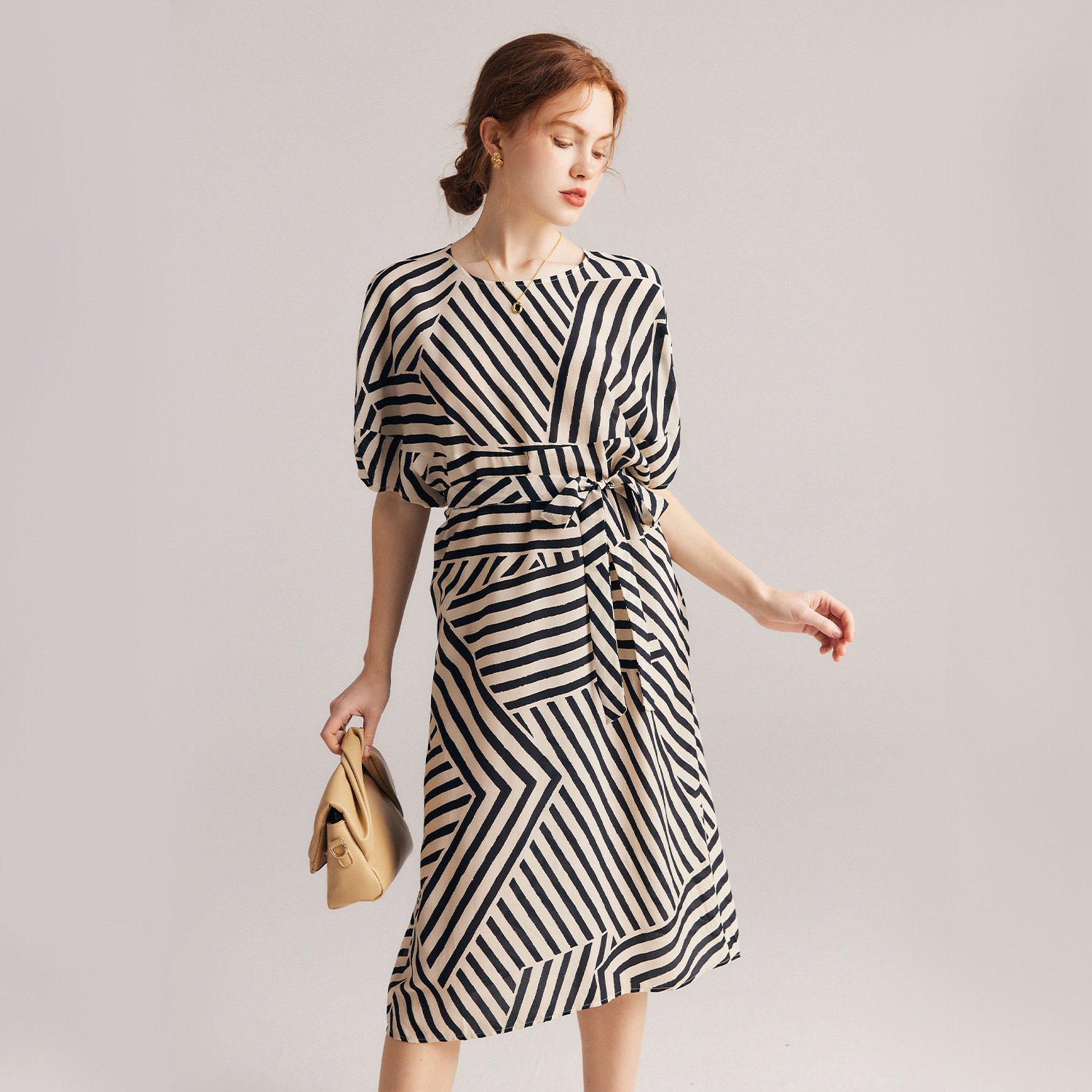 skirts for woman Silk printed striped dress 100% mulberry silk dress