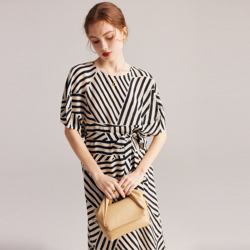 skirts for woman Silk printed striped dress 100% mulberry silk dress