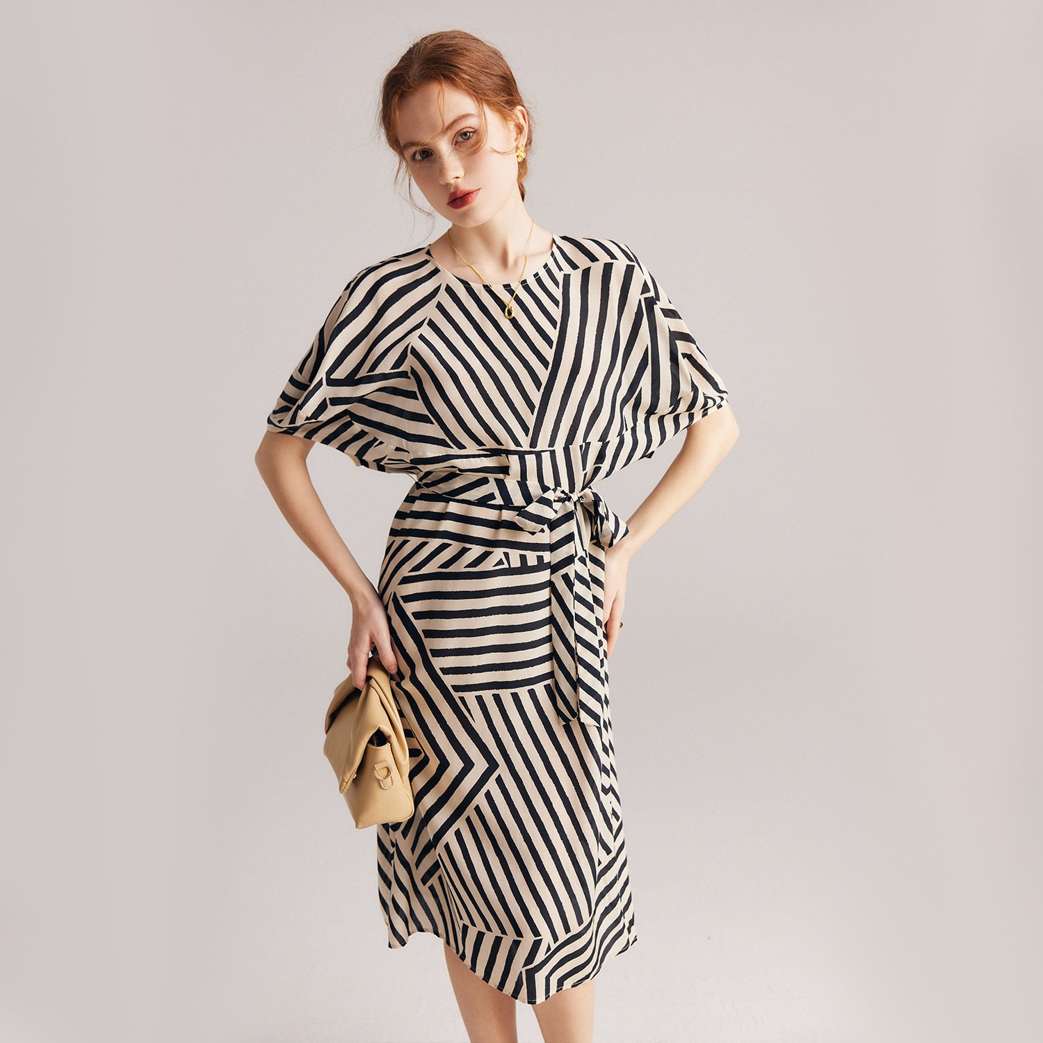 skirts for woman Silk printed striped dress 100% mulberry silk dress