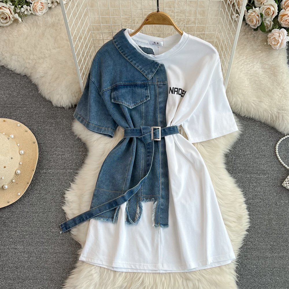 ANSZKTN Fashion Round Neck Color Blocking Denim Shirt Women Casual Long Tops T-Shirt Dresses