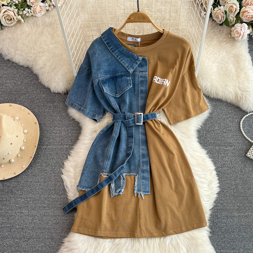 ANSZKTN Fashion Round Neck Color Blocking Denim Shirt Women Casual Long Tops T-Shirt Dresses