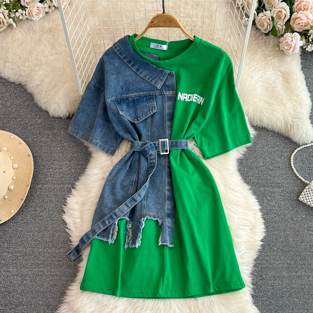 ANSZKTN Fashion Round Neck Color Blocking Denim Shirt Women Casual Long Tops T-Shirt Dresses