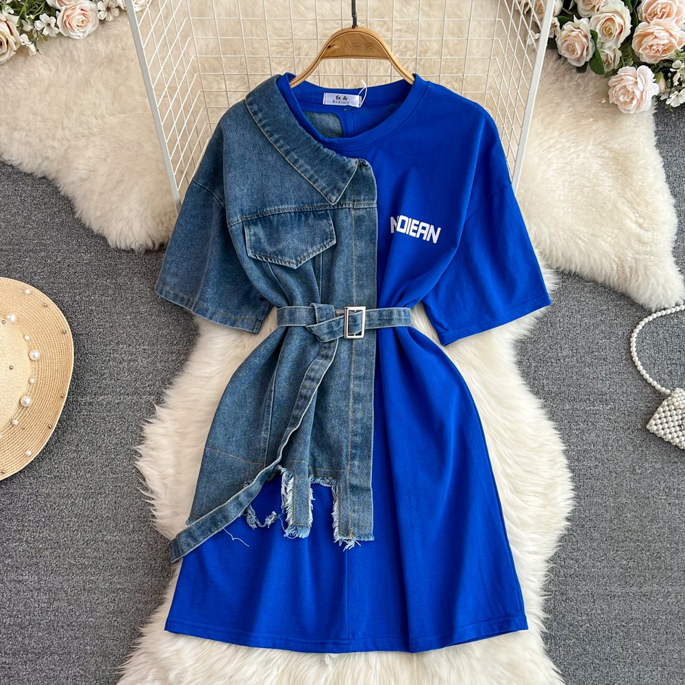 ANSZKTN Fashion Round Neck Color Blocking Denim Shirt Women Casual Long Tops T-Shirt Dresses