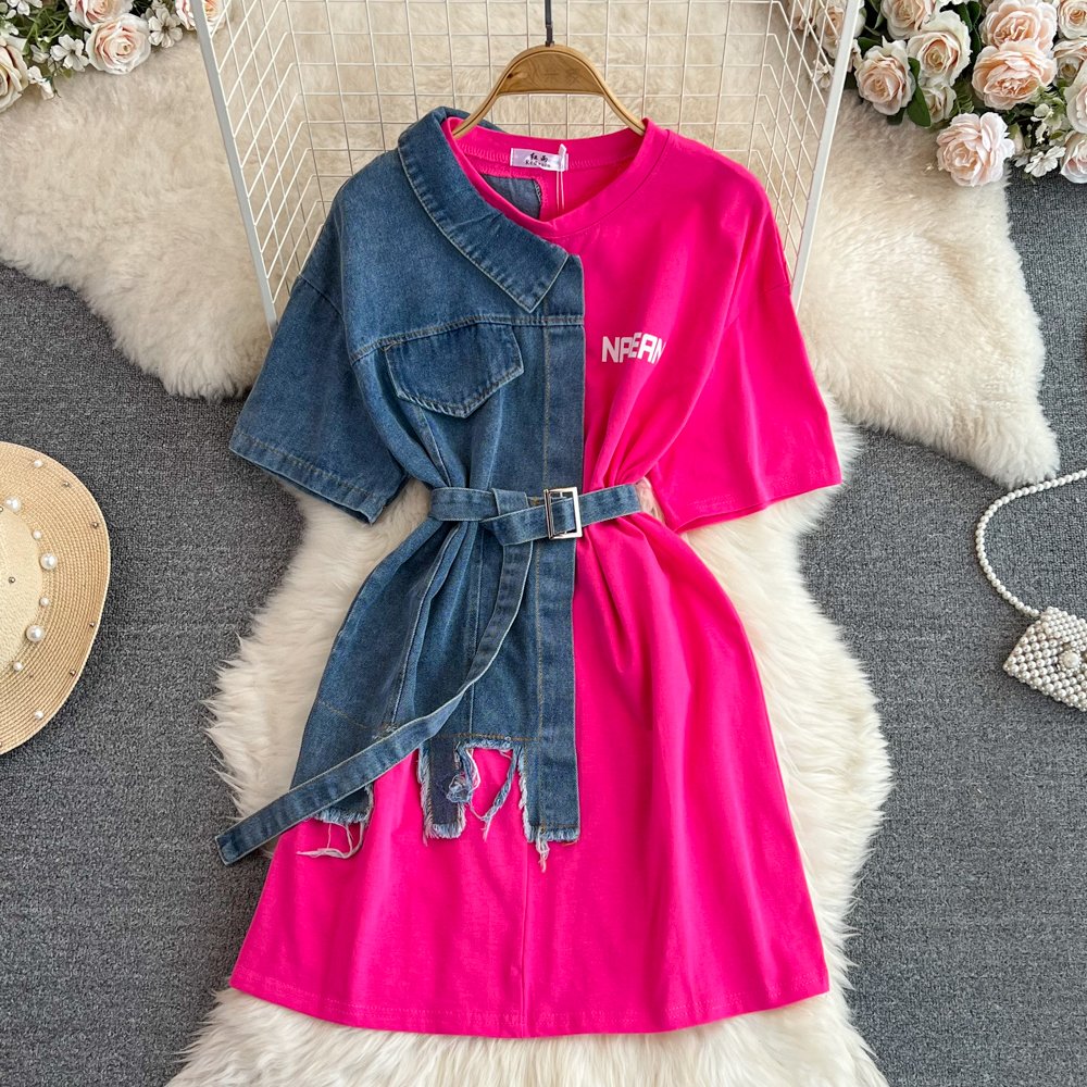 ANSZKTN Fashion Round Neck Color Blocking Denim Shirt Women Casual Long Tops T-Shirt Dresses