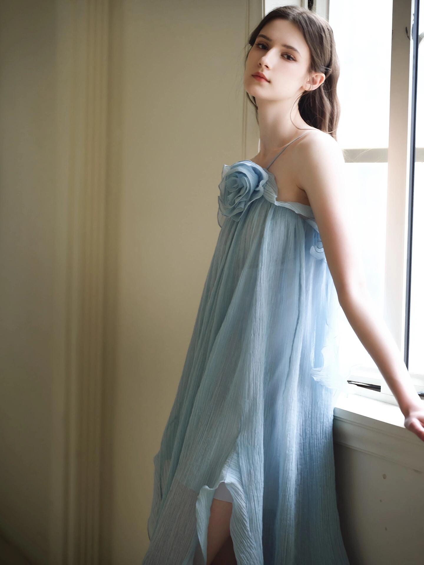 Soft 3D Flower Casual Dress For Vacation Loose A-line Girl Dresses Baby Blue OEM Custom 2024