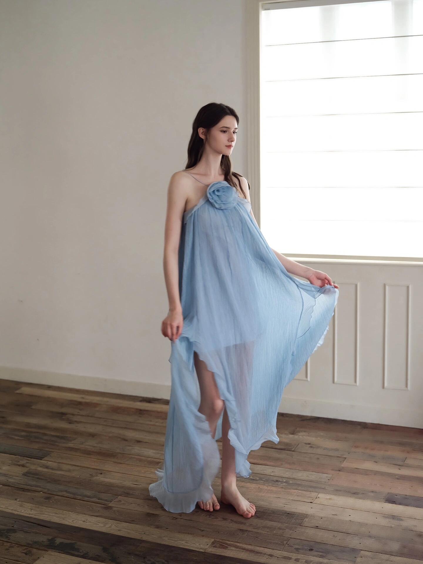 Soft 3D Flower Casual Dress For Vacation Loose A-line Girl Dresses Baby Blue OEM Custom 2024