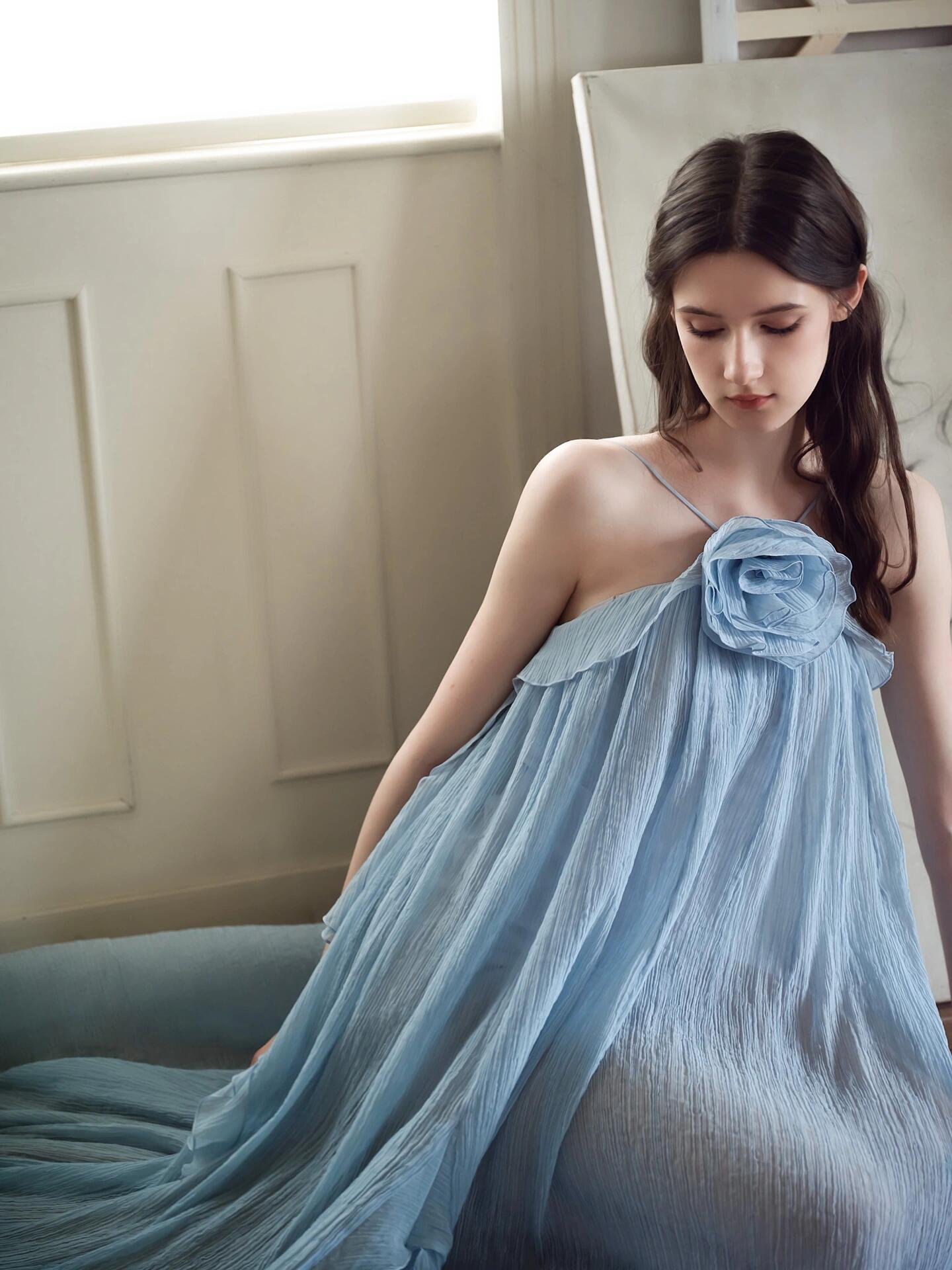 Soft 3D Flower Casual Dress For Vacation Loose A-line Girl Dresses Baby Blue OEM Custom 2024