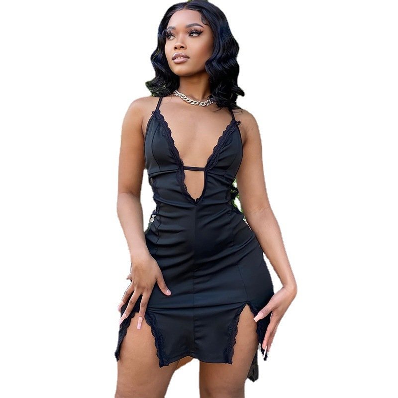 Wholesale Designer Clothing 2023 Sexy Hollowed Out Lace Splicing Split Dress Gowns for Women Ladies