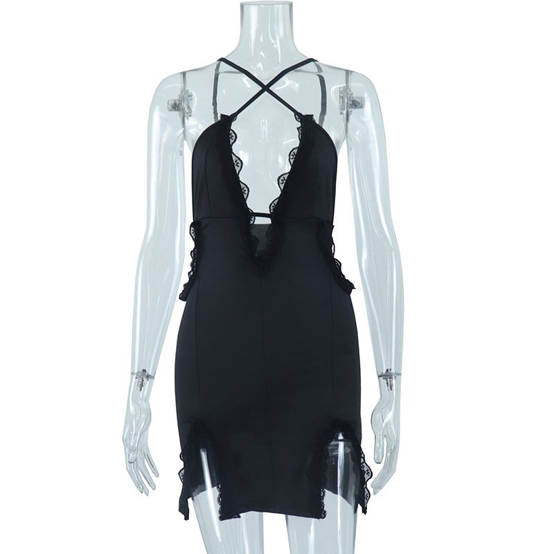 Wholesale Designer Clothing 2023 Sexy Hollowed Out Lace Splicing Split Dress Gowns for Women Ladies