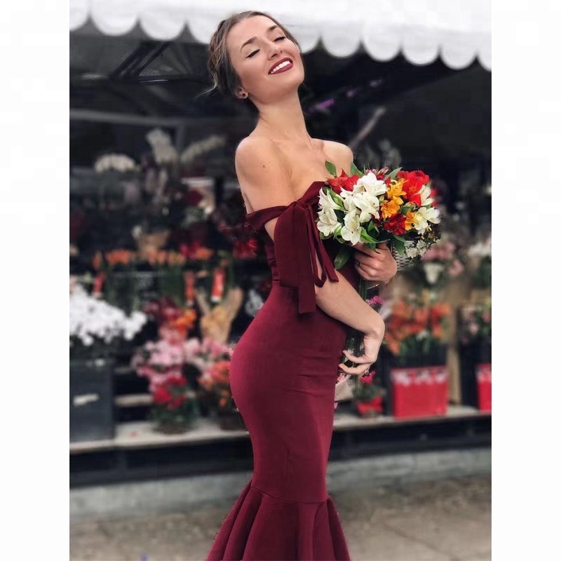 Facebook boho fashion casual elegant girls sexy night honeymoon bridal imitate silk fabric off shoulder mermaid black dress