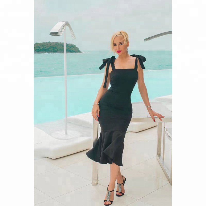 Facebook boho fashion casual elegant girls sexy night honeymoon bridal imitate silk fabric off shoulder mermaid black dress