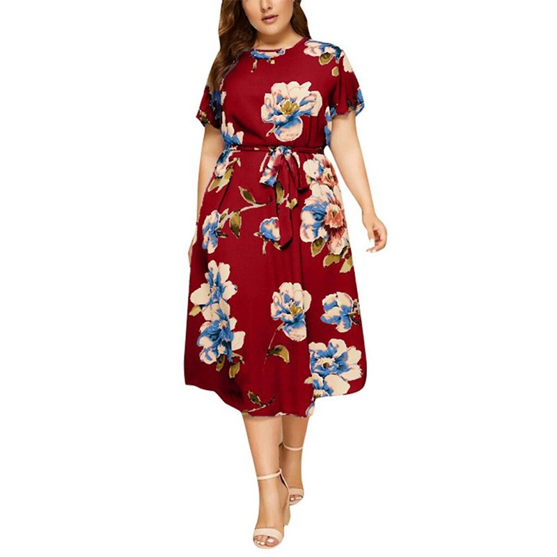 Summer Fashion Korean Style Retro Elegant Print Dress Casual High Waist Round Neck Loose Short Sleeve Dress