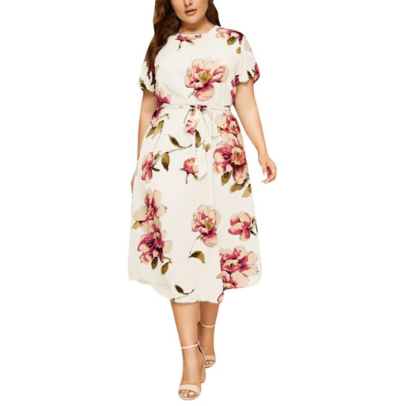 Summer Fashion Korean Style Retro Elegant Print Dress Casual High Waist Round Neck Loose Short Sleeve Dress