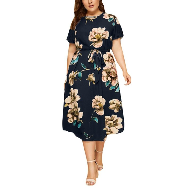 Summer Fashion Korean Style Retro Elegant Print Dress Casual High Waist Round Neck Loose Short Sleeve Dress