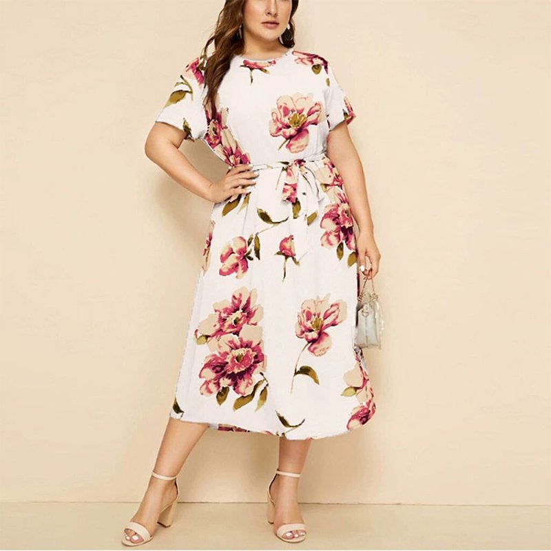 Summer Fashion Korean Style Retro Elegant Print Dress Casual High Waist Round Neck Loose Short Sleeve Dress