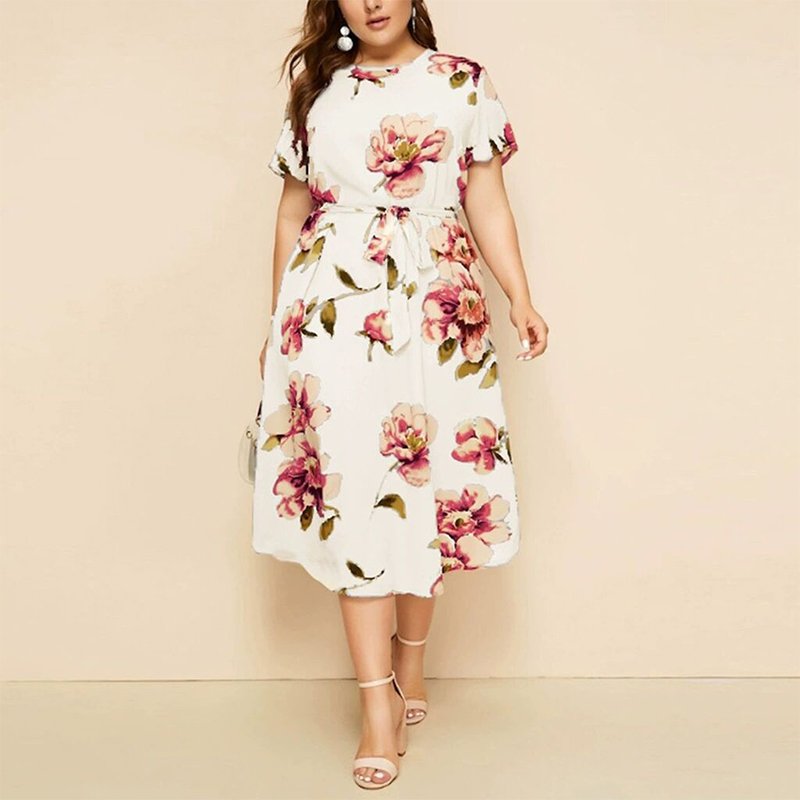 Summer Fashion Korean Style Retro Elegant Print Dress Casual High Waist Round Neck Loose Short Sleeve Dress