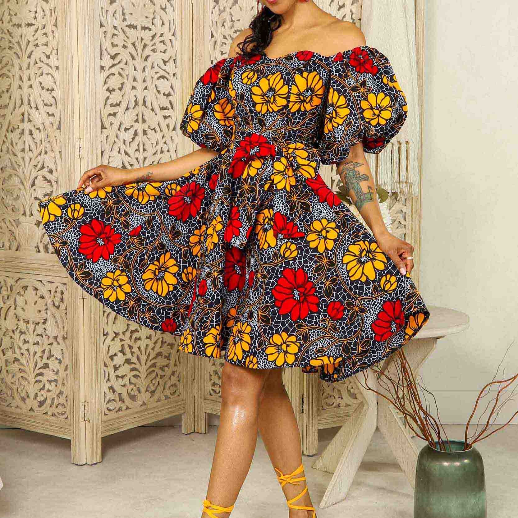 Holiday Mini Off Shoulder African Off Shoulder Casual Dress Printed Ruffle Women Dress