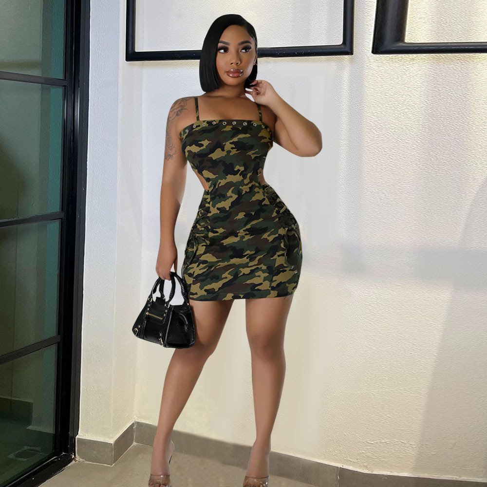 Charm 2024 Women Clothing Women's Short Dress Shoulder Strap Elasticity Camouflage Show Your Waist Sexy Straps Women's Hip Skirt