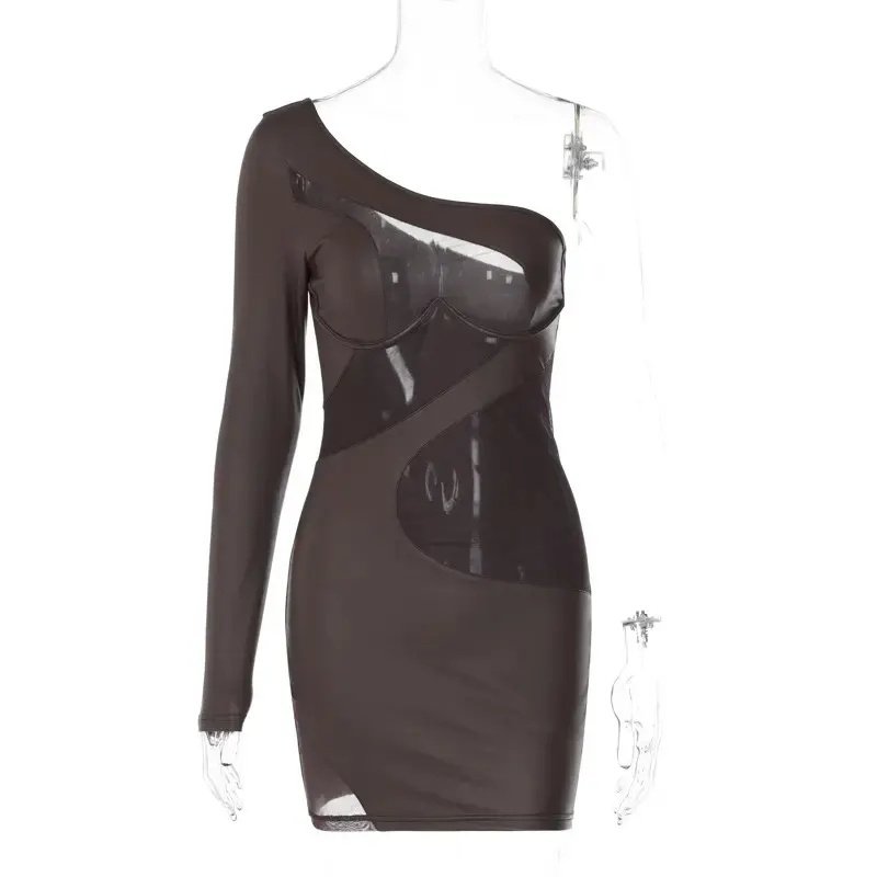 Elegant One Shoulder Mesh Splicing Ribbed Bodycon Midi Dress 2022 New Fashion Fall Winter Party Dress