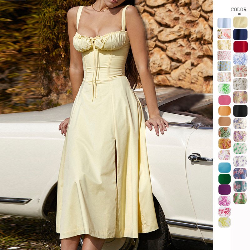 2024 Women clothes France Style printing vintage backless Slip dress summer casual dresses draped long women luxury dress