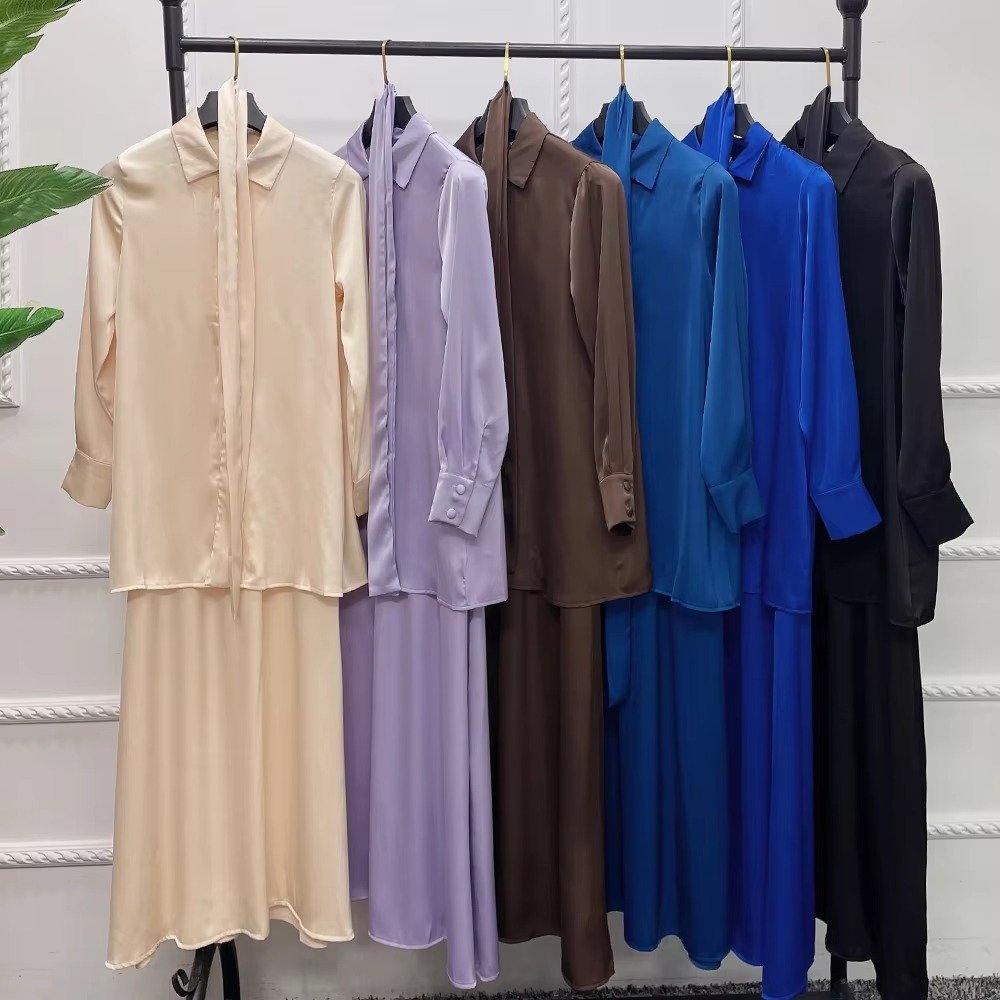 RO165 R Elegant Islamic Clothing Modest Dresses Abaya Muslim Women Satin Top and Skirt 2 Piece Abaya Set Casual Dresses