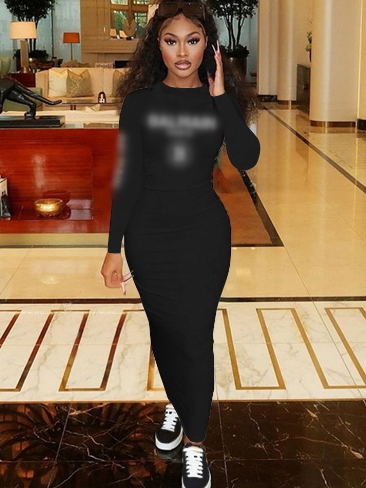 Wholesale designer clothing brand long sleeves casual dress fashion black midi dresses women