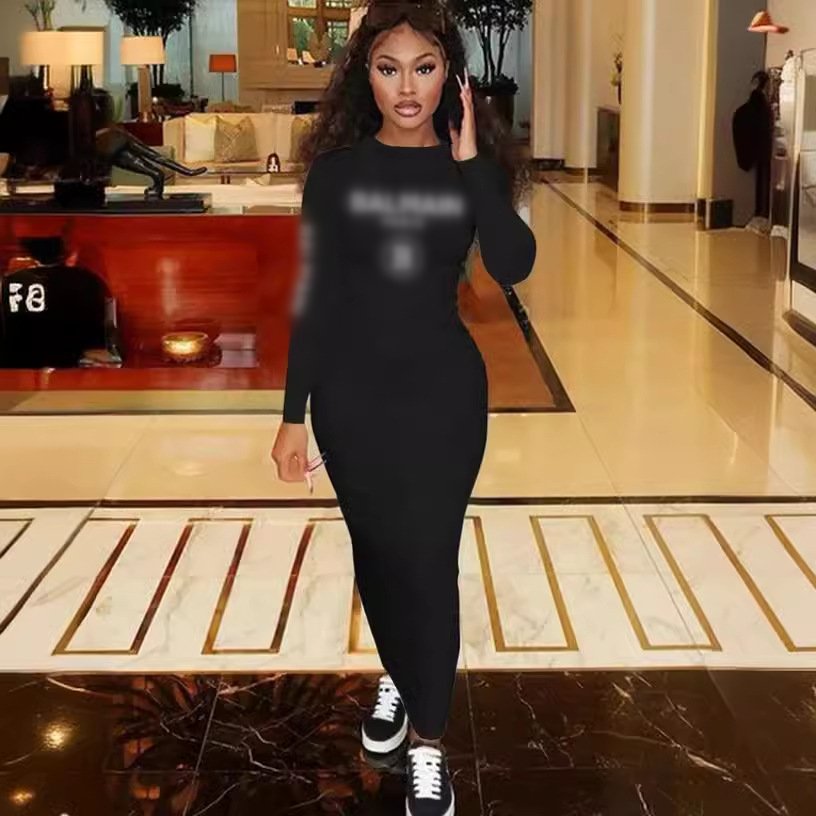 Wholesale designer clothing brand long sleeves casual dress fashion black midi dresses women