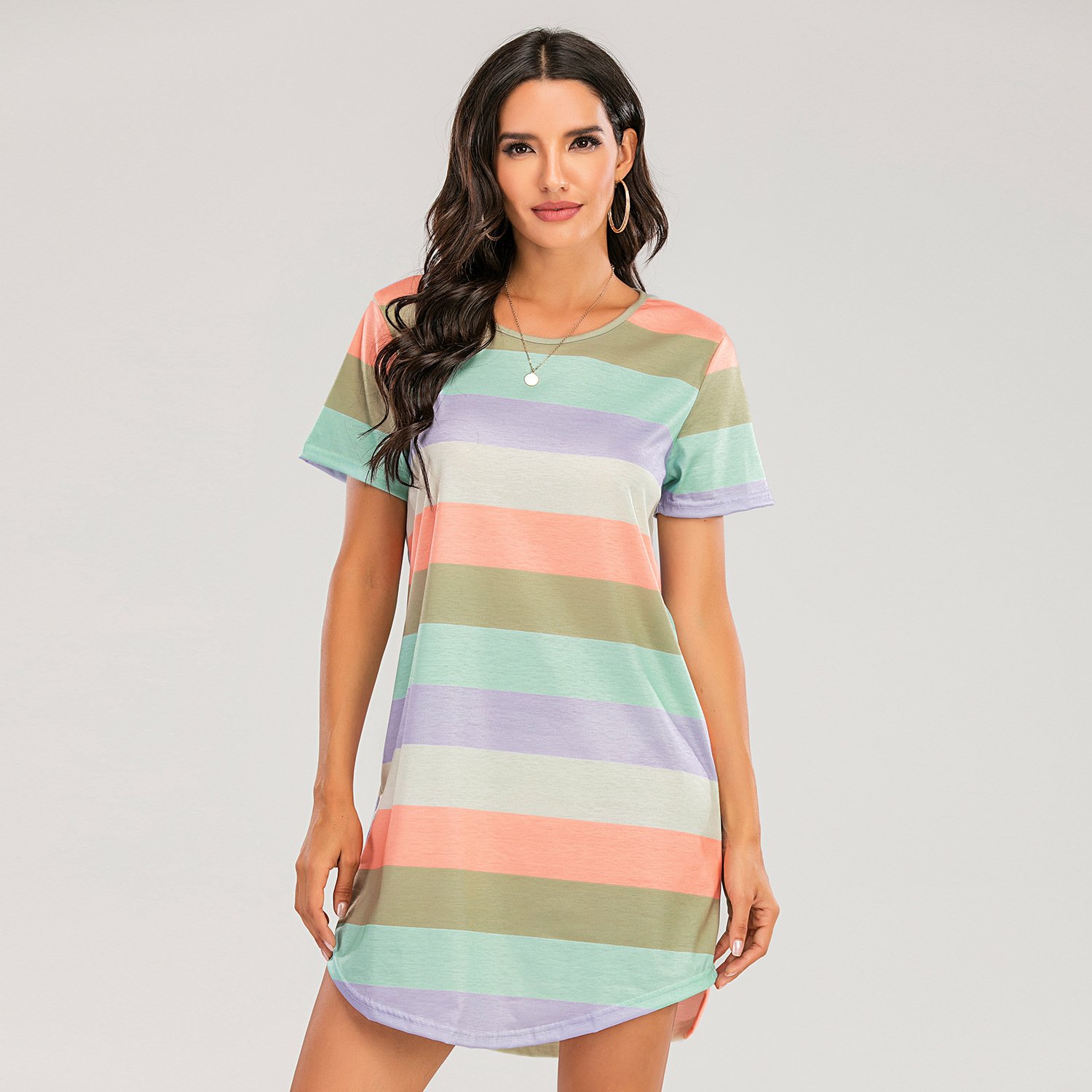 Hot selling Custom Logo Round Cotton Collar Plus Size Women's Clothing Women's Sleepwear Rainbow Stripe casual dress
