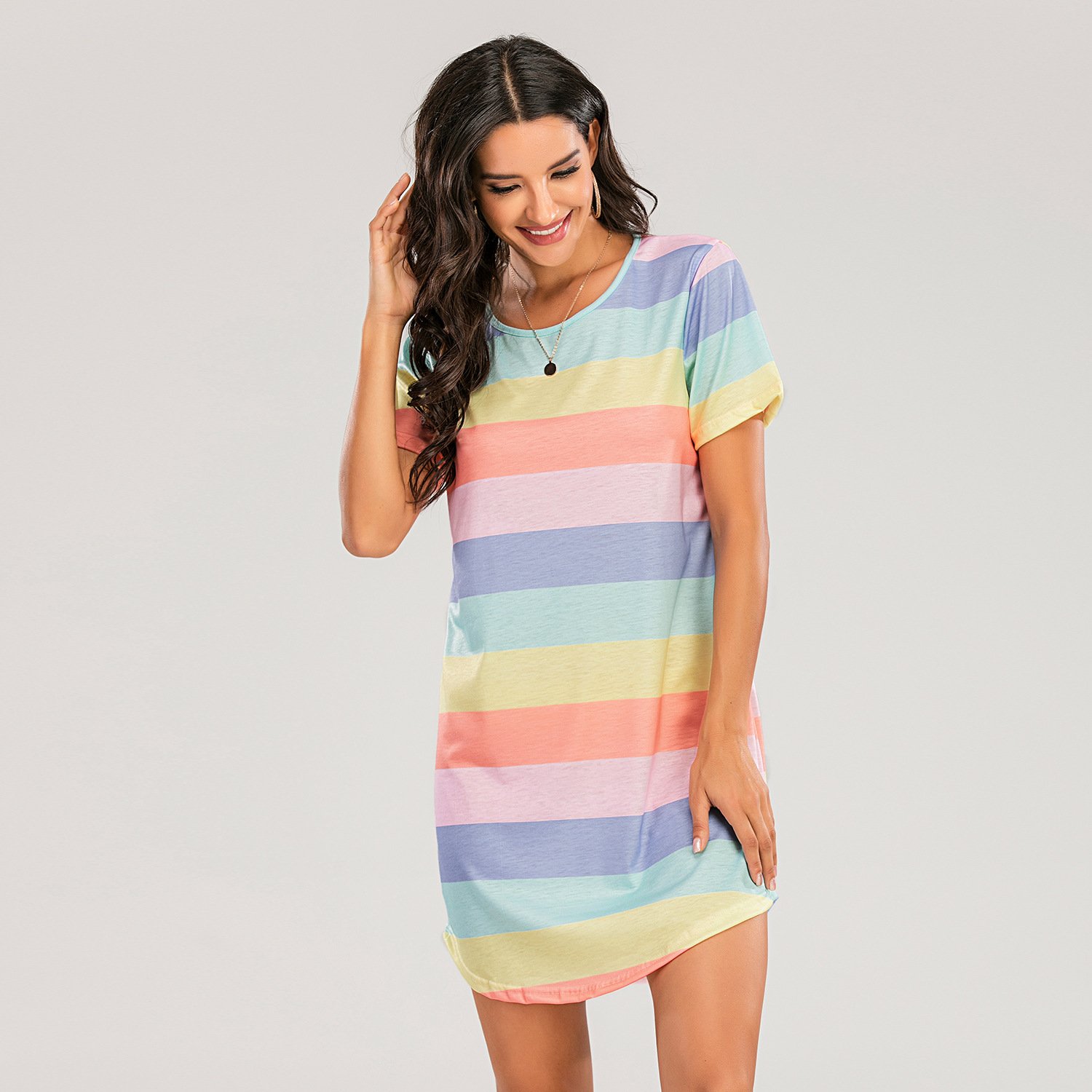 Hot selling Custom Logo Round Cotton Collar Plus Size Women's Clothing Women's Sleepwear Rainbow Stripe casual dress