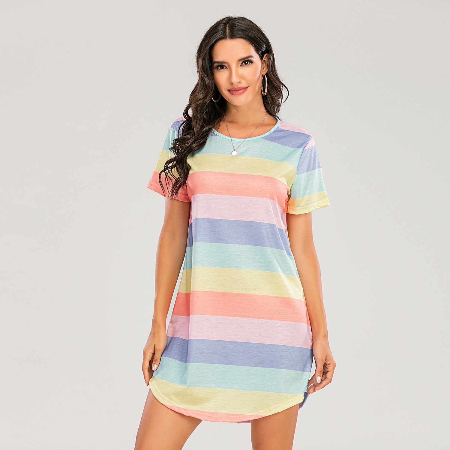 Hot selling Custom Logo Round Cotton Collar Plus Size Women's Clothing Women's Sleepwear Rainbow Stripe casual dress