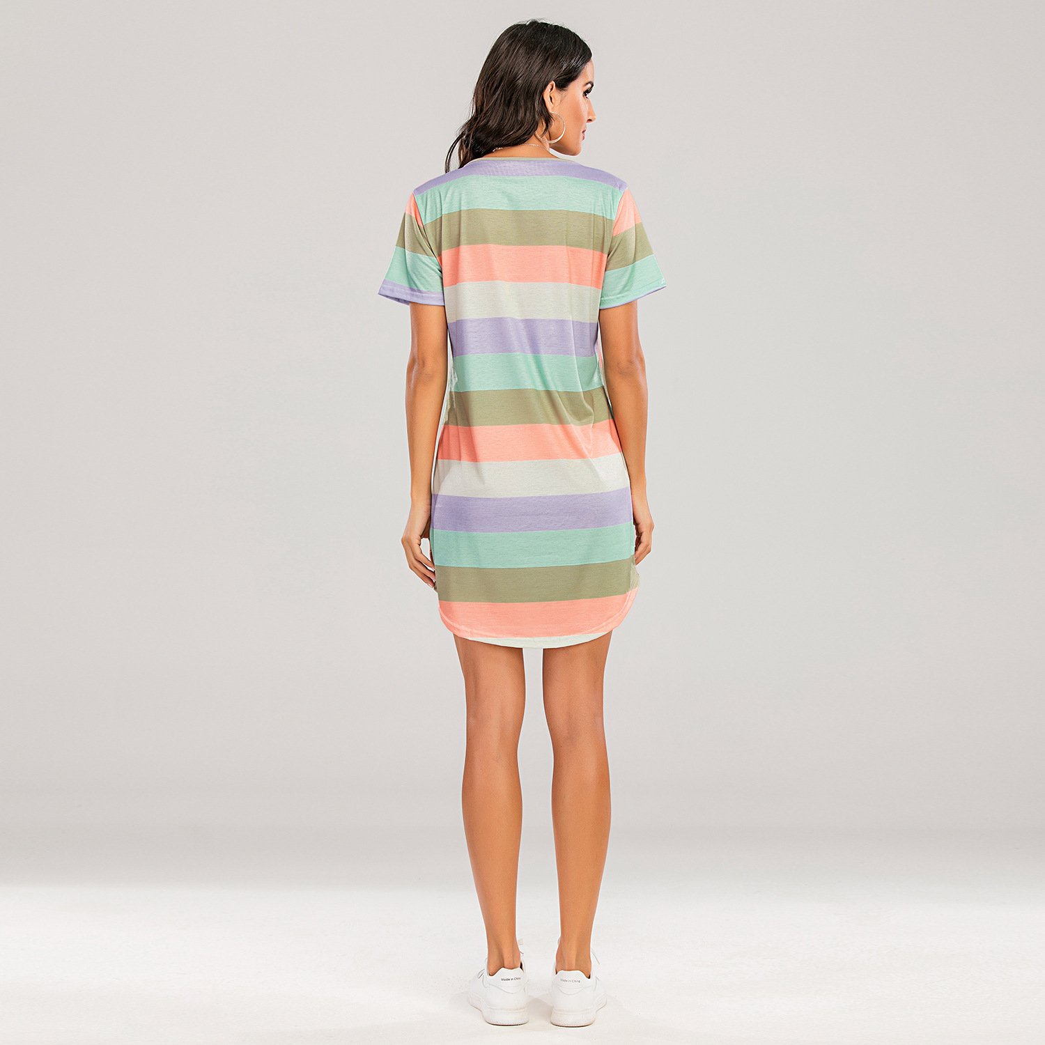 Hot selling Custom Logo Round Cotton Collar Plus Size Women's Clothing Women's Sleepwear Rainbow Stripe casual dress