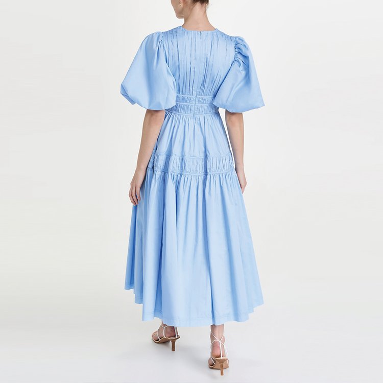 Midi ladies V-neck fashion dress custom puff sleeve smocking waist side pockets detail women casual dresses